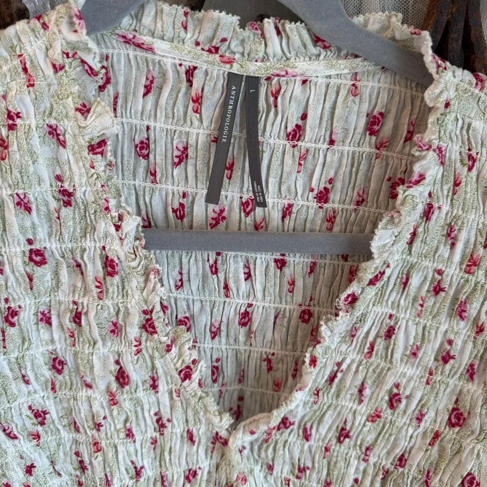 Anthropologie Cream Blouse with Pink Rose Print and Smocked Bodice